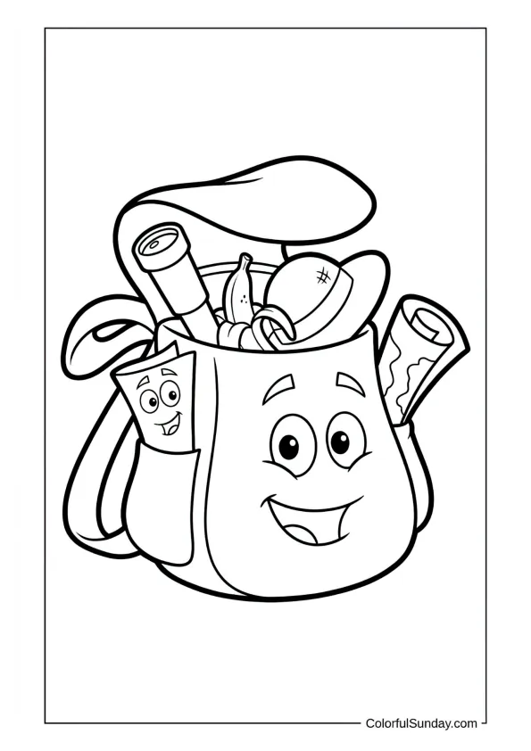 Backpack and Map filled with gear like a telescope and snack for an adventure in this Dora the Explorer coloring page.