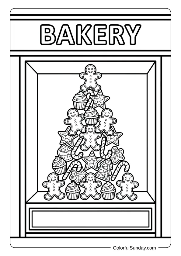 A Christmas tree made of cookies, cupcakes, and sweet treats in a bakery window coloring page