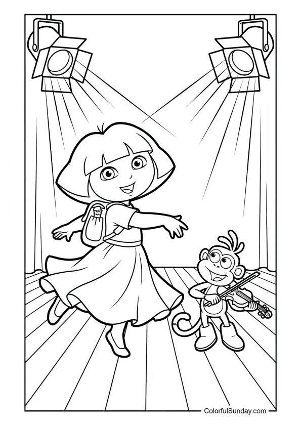 Dora dancing ballet on stage with Boots playing a violin in this Dora the Explorer coloring page.