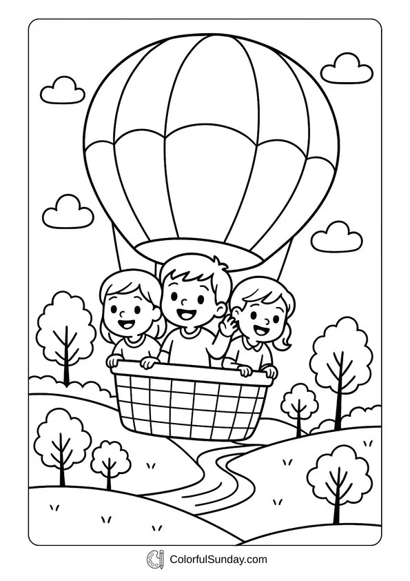 Balloon Ride September Coloring Page Hot air balloon ride with three smiling kids enjoying the view in a September coloring page.