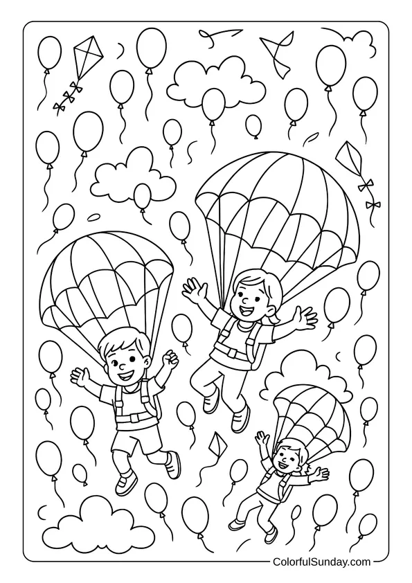 Three kids parachute joyfully among floating balloons and kites in this lively coloring page.