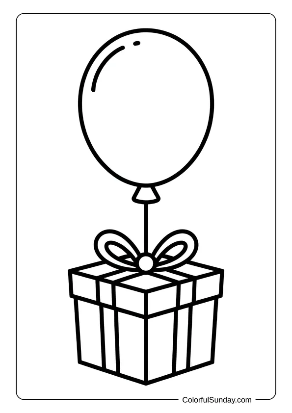 A floating balloon lifts a Christmas present high in this playful holiday coloring page.