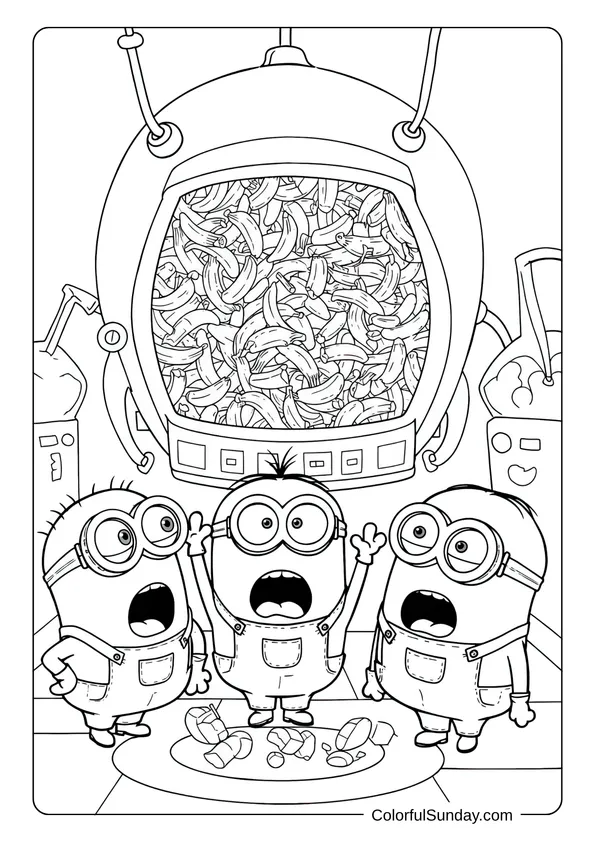 Three amazed Minions staring at a giant screen full of bananas inside a lab in a funny coloring page.