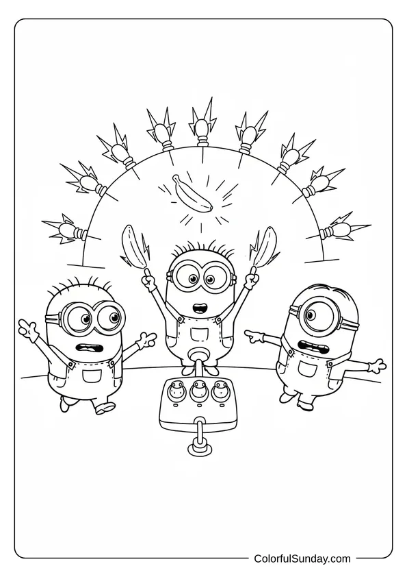 Three excited Minions celebrating as their banana-detecting machine lights up in this silly coloring page.
