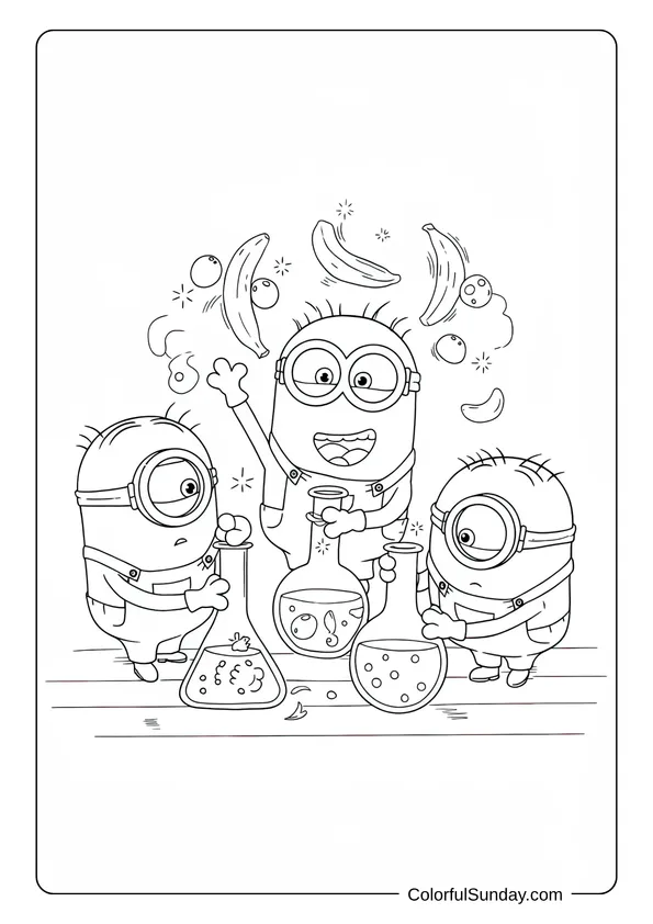 Three Minions mixing chemicals and laughing while bananas float around in a science-themed coloring page.