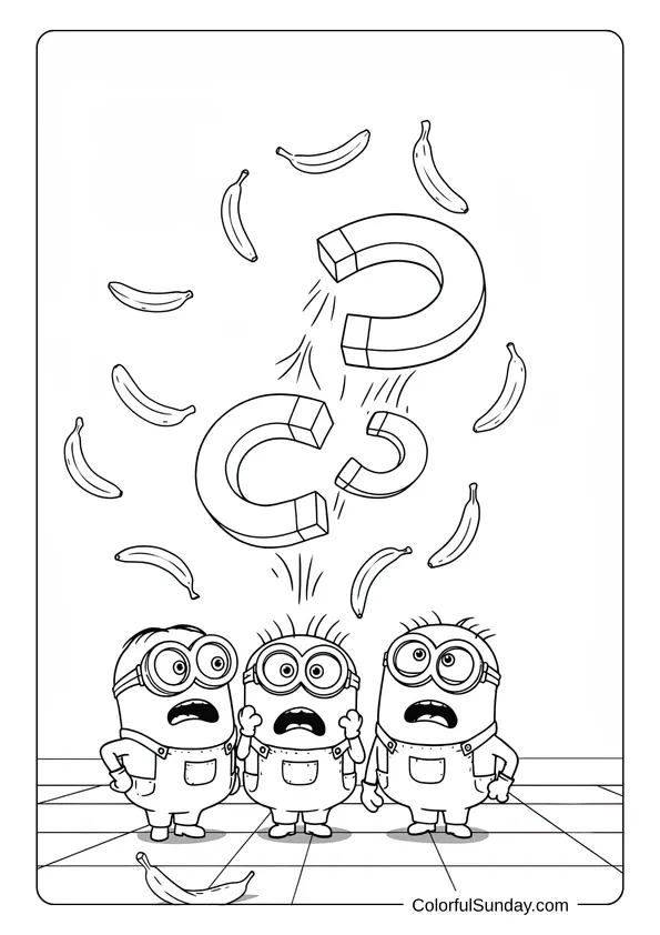 Three worried Minions watching bananas fly around due to a strong magnet in a science experiment coloring page.