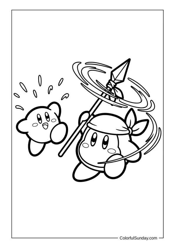 Bandana Waddle Dee twirls his spear in circles while Kirby watches in this dynamic coloring page