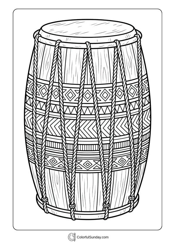 A coloring page of traditional barrel-shaped drum with rope tensioning and decorative bands around middle section