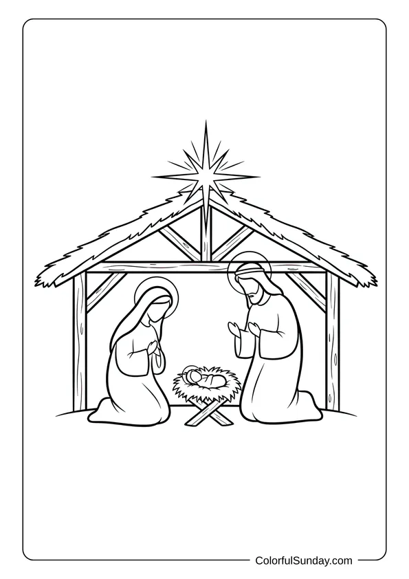 A basic nativity outline coloring page for kids to color with simple silhouette style.