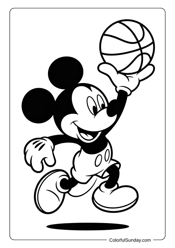 Mickey Mouse dribbling a basketball while running is shown in this sporty coloring page.