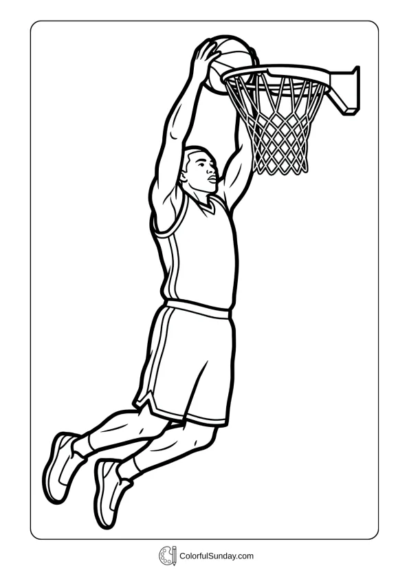 Athletic player performing slam dunk in a March Madness coloring page with basketball action