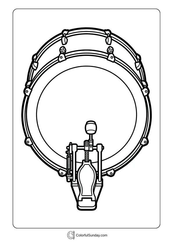 Large bass drum with pedal mechanism coloring page and beater shown from front view
