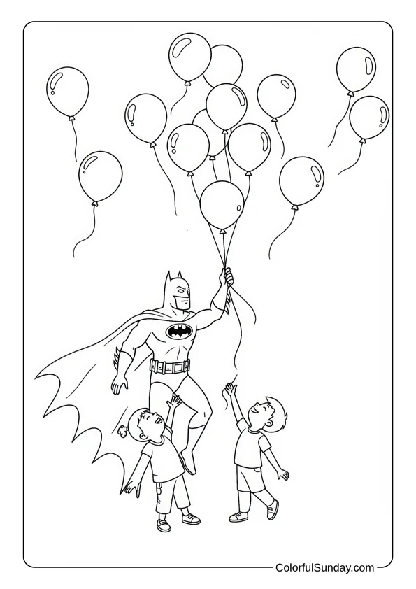 Batman Catches Balloons in the Wind Coloring Page Batman holds a bunch of balloons while children reach for them in this playful coloring page.