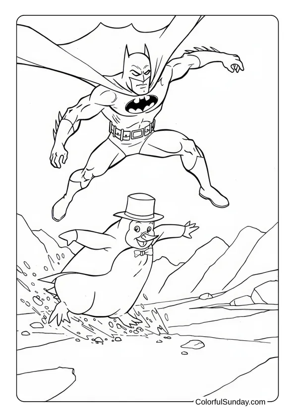 Batman Chases Penguin Through Ice Coloring Page Batman chases the Penguin character across icy ground in a coloring page.