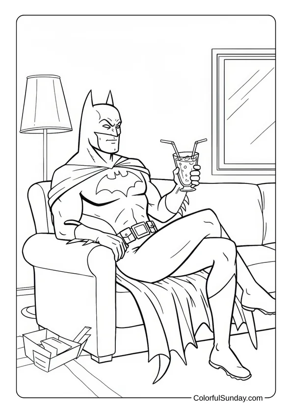 Relaxing on a sofa, Batman enjoys a drink with two straws in this home scene coloring page.