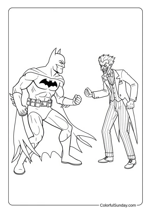 Batman Faces The Joker Again Coloring Page Batman faces the Joker, both ready to fight, in a coloring page.