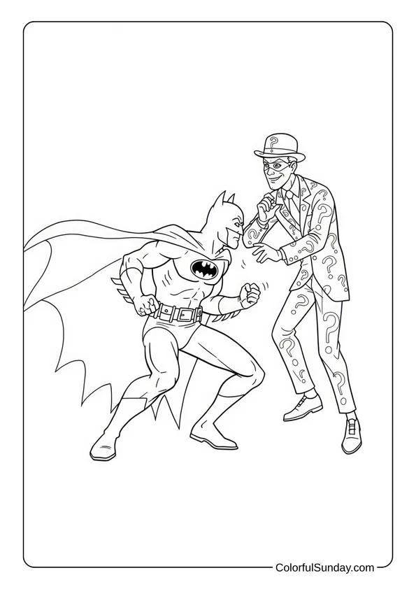 Batman Fights The Riddler’s Tricks Coloring Page Batman confronts the Riddler, who wears a suit with question marks, in a coloring page.