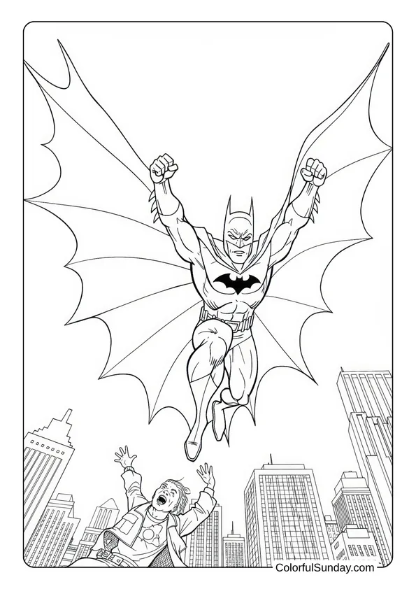 Batman flies over the city with his cape wide open, rescuing someone below in a coloring page.