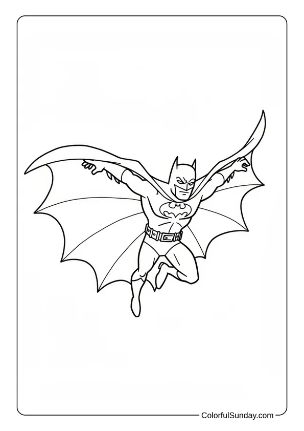 Batman Glides with Open Cape Coloring Page Batman glides through the air with his cape spread wide in a coloring page.
