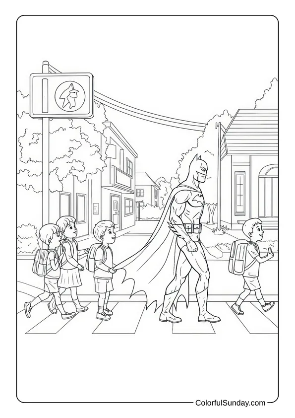 Batman Helps With School Crossing Coloring Page Batman coloring page of Batman helping children cross the street safely at a school crossing.