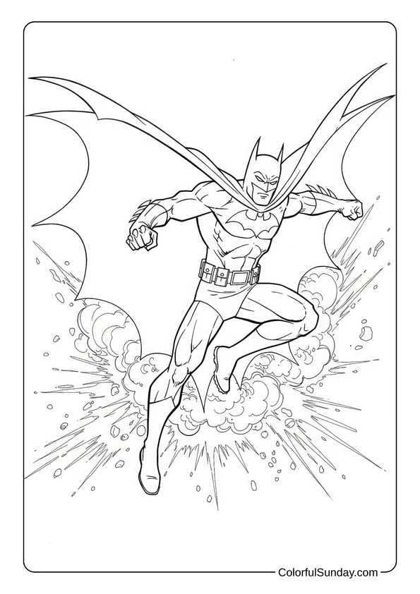 Batman Jumps Over Explosions Coloring Page Batman leaps forward with an explosion behind him in a dramatic coloring page.