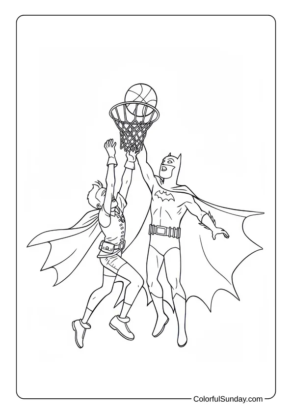 Batman Plays Basketball with Robin Coloring Page Batman and Robin play basketball together and jump for a slam dunk on this action coloring page.