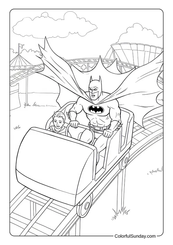Batman Rides a Roller Coaster Coloring Page Batman rides a roller coaster with a child beside him in this fun coloring page.