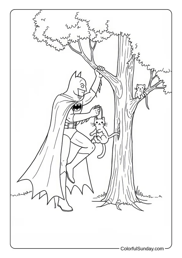 Batman saves a kitten stuck in a tree in a coloring page.