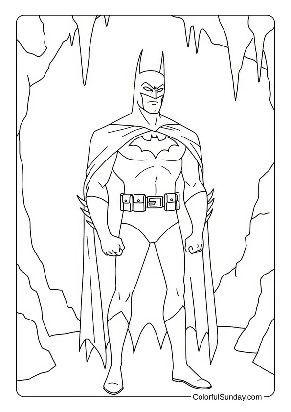 Batman stands in the Batcave with a serious expression in a coloring page.