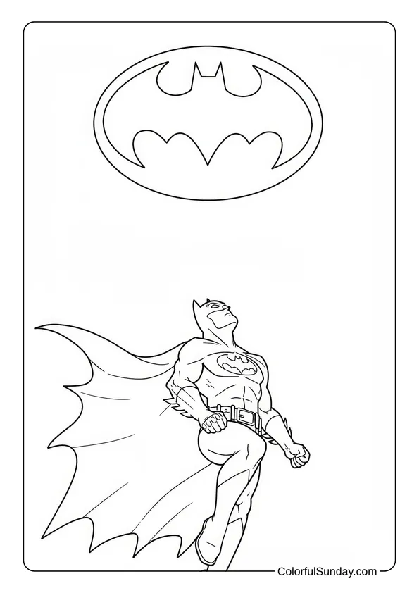 Batman Watches Bat-Signal Glow Coloring Page Batman looks up at the Bat-Signal shining in the sky in a coloring page.
