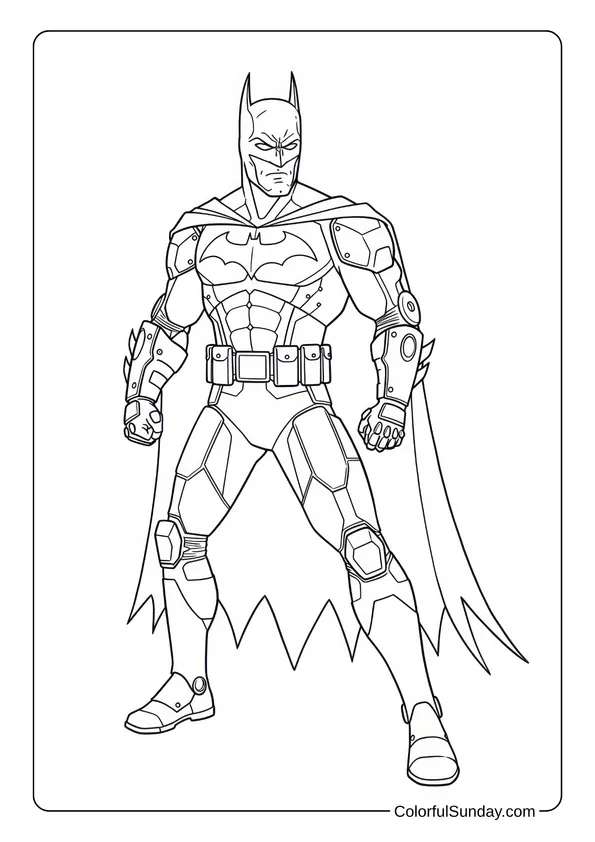 Batman With His New Armor Suit Coloring Page Batman stands strong in a new armored suit, ready for battle in this coloring page.