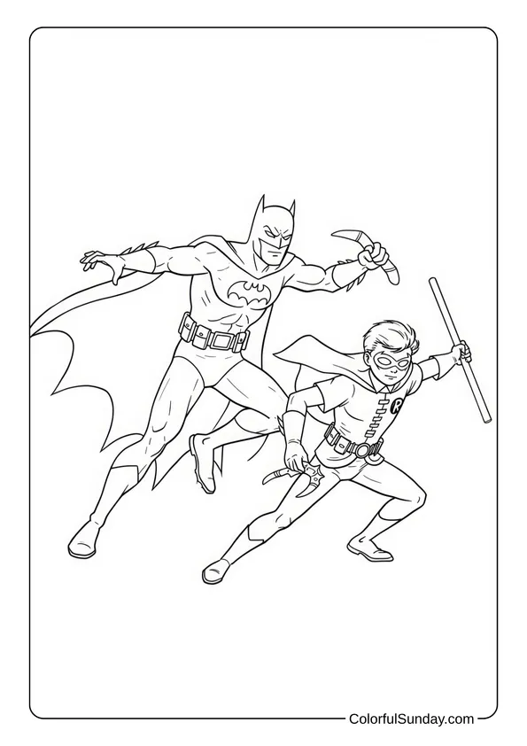 Batman and Robin Team Adventure Coloring Page Batman and Robin run into action together in a dynamic coloring page.