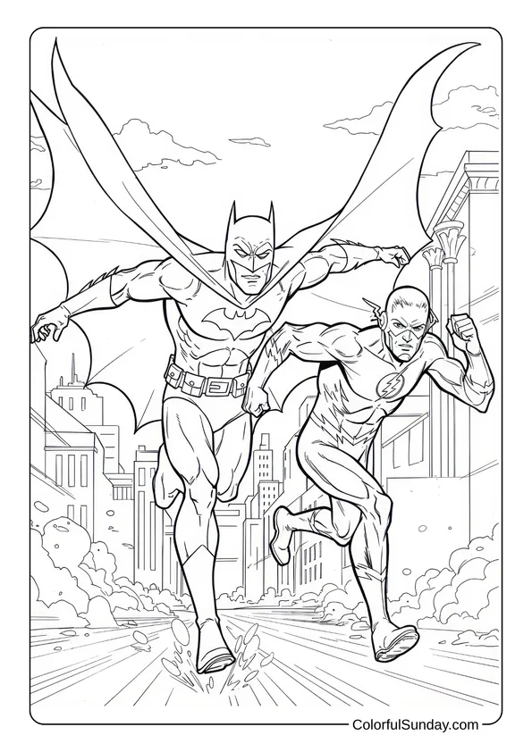 Coloring page showing Batman and The Flash racing each other through the city streets.