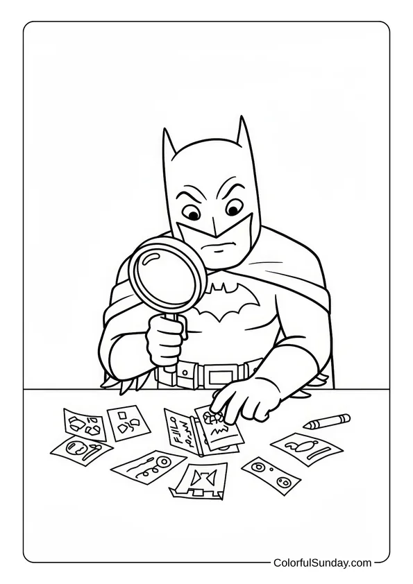 Batman uses a magnifying glass to investigate clues in a detective coloring page.