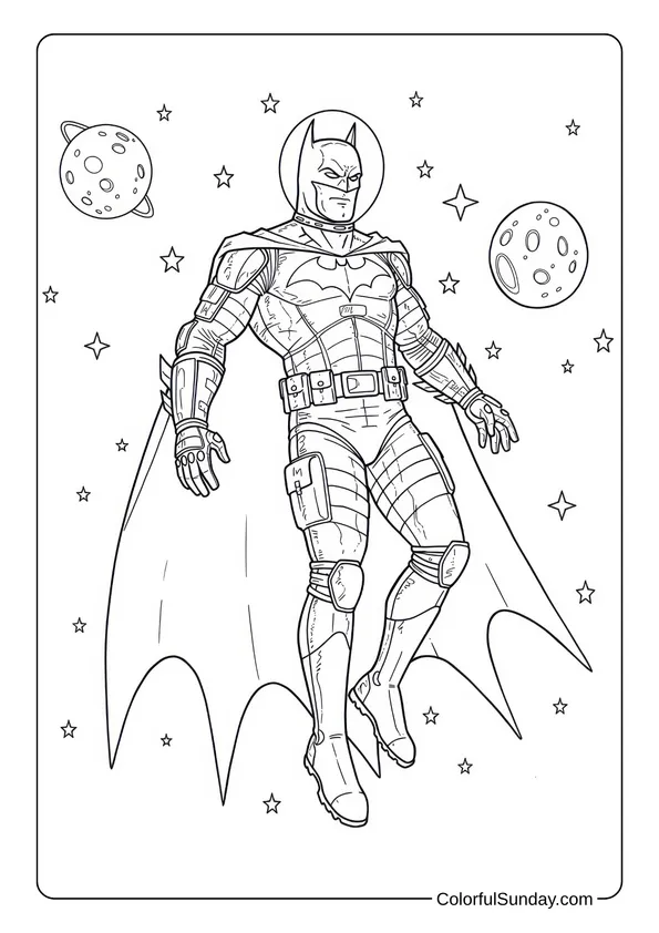 Batman in His Space Suit Coloring Page Batman in a space suit floats among stars and planets in this space adventure coloring page.