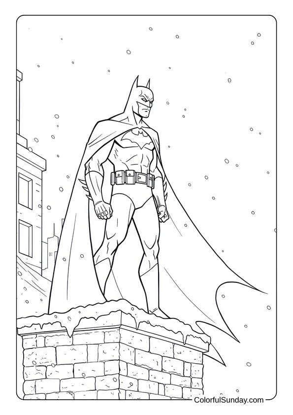 Batman on a Snowy Rooftop Coloring Page Batman stands on a snowy rooftop watching the city below in a winter coloring page.
