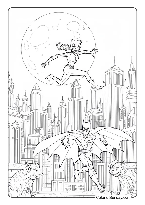 Batman vs. Catwoman Night Chase Coloring Page Coloring page of Batman chasing Catwoman across the rooftops with a full moon and city skyline in the background.