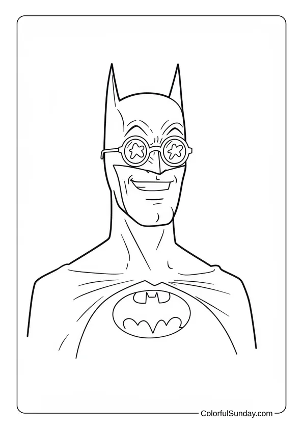 Batman with Funny Glasses Costume Coloring Page Batman coloring page featuring Batman wearing funny star-shaped glasses and smiling.