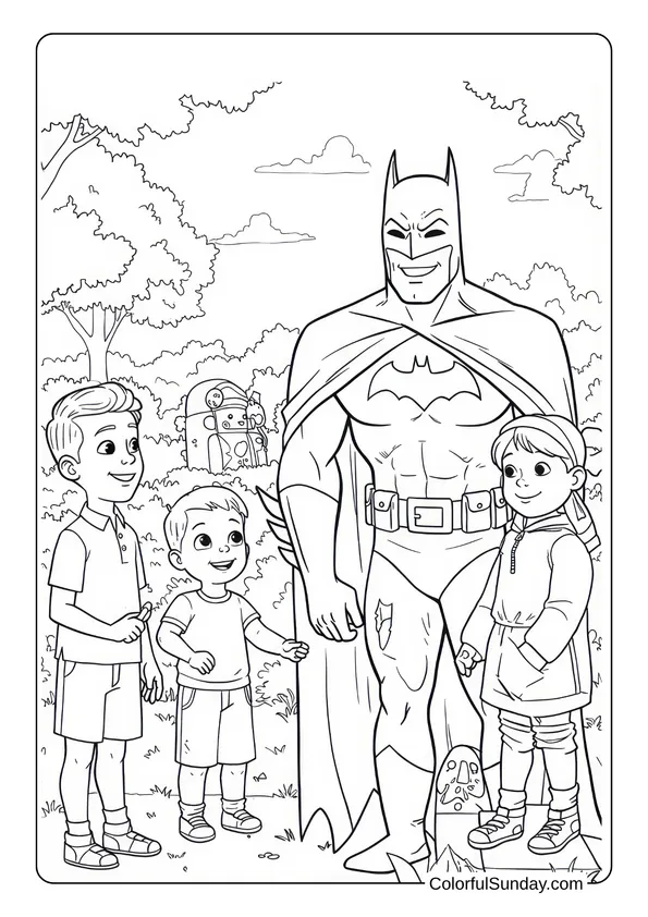 Batman with Kids at the Park Coloring Page Batman coloring page of Batman smiling and standing in a park surrounded by three happy kids.