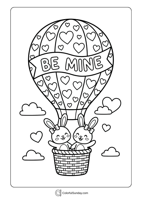 A hot air balloon with a 'Be Mine' banner carries two cute bunnies in a Valentine's Day coloring page.