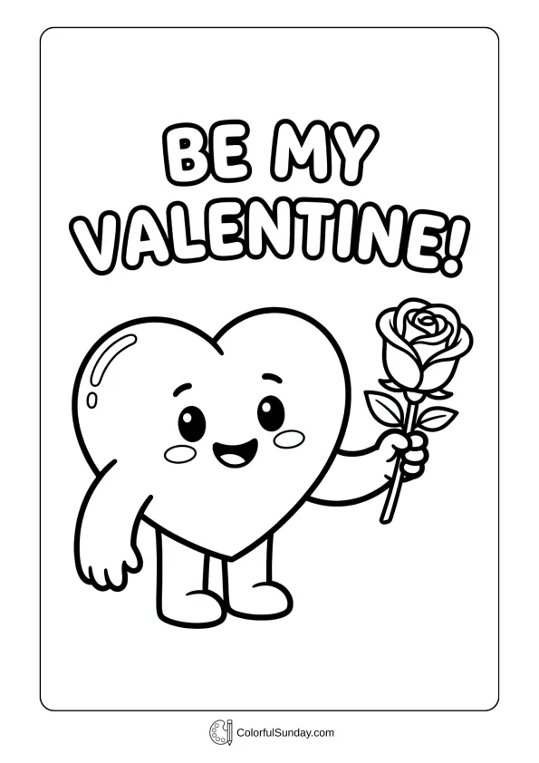 A heart-shaped character holds a rose with the phrase 'Be My Valentine!' on a Valentine's Day coloring page.