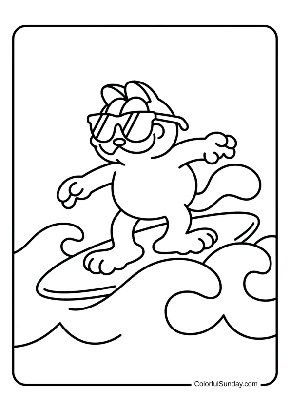 Garfield surfing on a beach coloring page