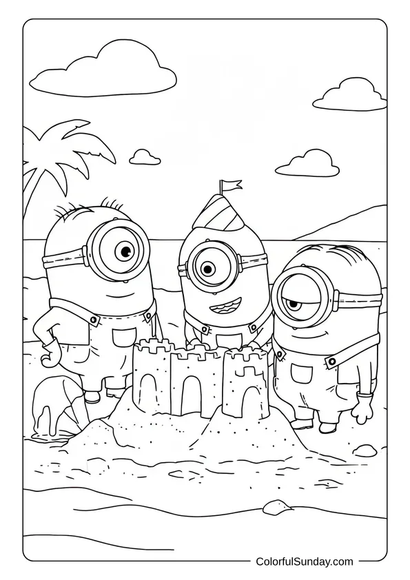 Three Minions on the beach proudly showing their tall sandcastle in a summer coloring page.