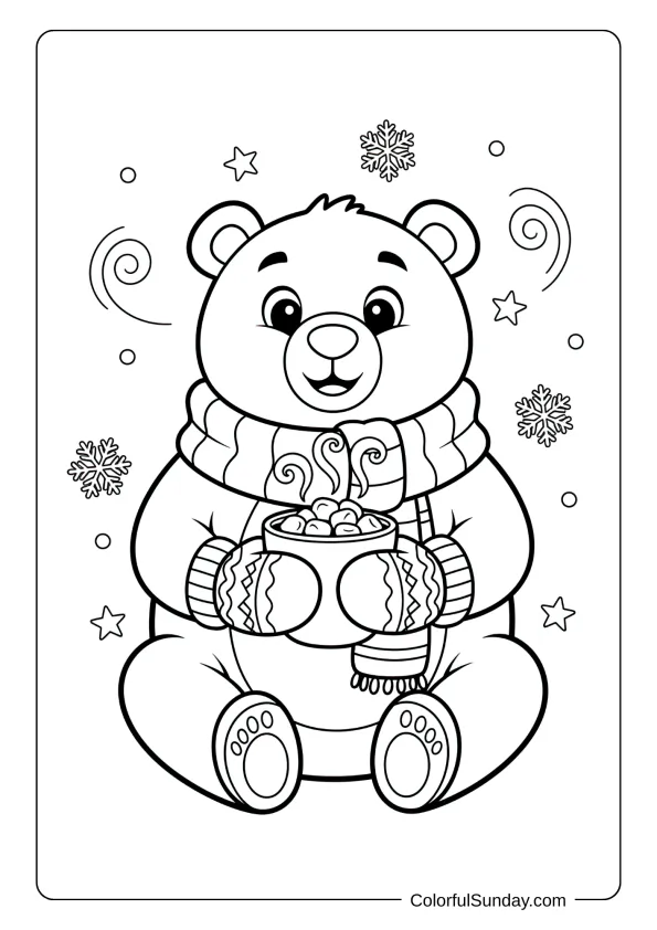 A coloring page of a bear wearing mittens drinking hot chocolate.