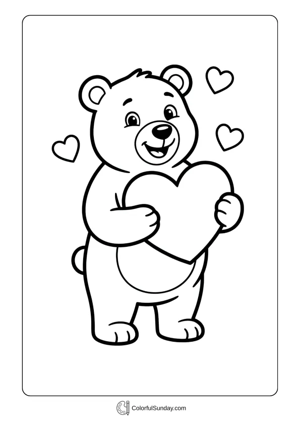 A bear holding a big heart in its paws on a Valentine's Day coloring page.