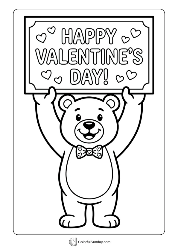 A smiling bear holds up a 'Happy Valentine's Day' sign on a coloring page.