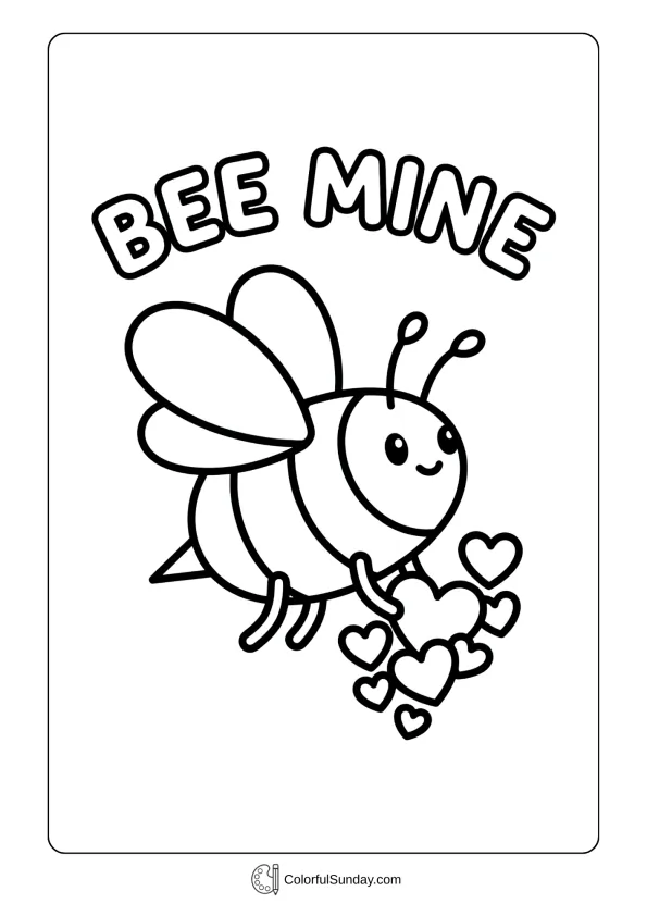 Cute bumblebee carrying hearts buzzing Valentine's Day sweetness in this coloring page