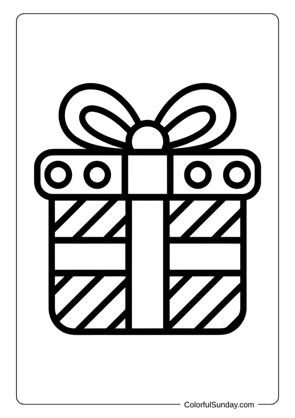 Striped wrapping and bold circles decorate a Christmas present in this cheerful holiday coloring page.