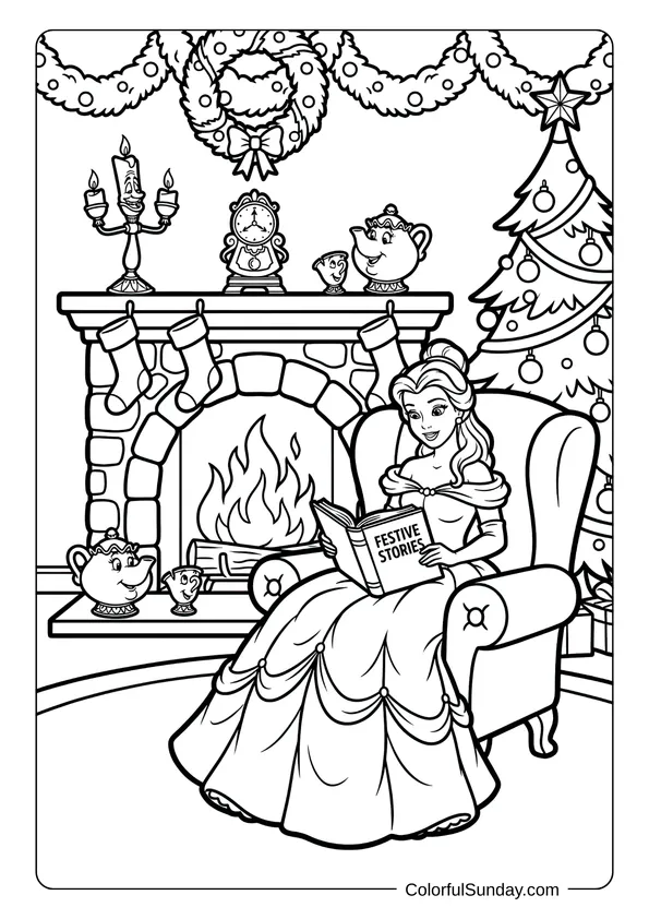 Belle reading festive stories by fireplace with enchanted objects in this Disney Christmas castle coloring page.