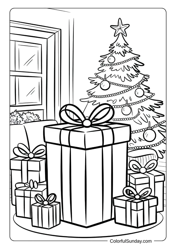 Lots of wrapped Christmas presents sit near a festive tree in this cozy holiday coloring page.